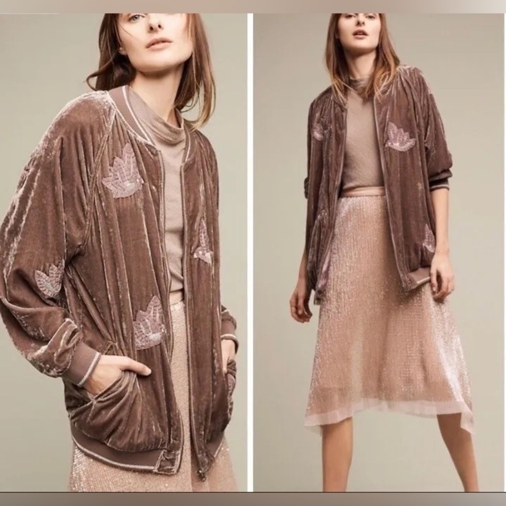 Anthropologie HEI HEI Bird Embroidered Velvet Bomber Mauve Jacket Size Large